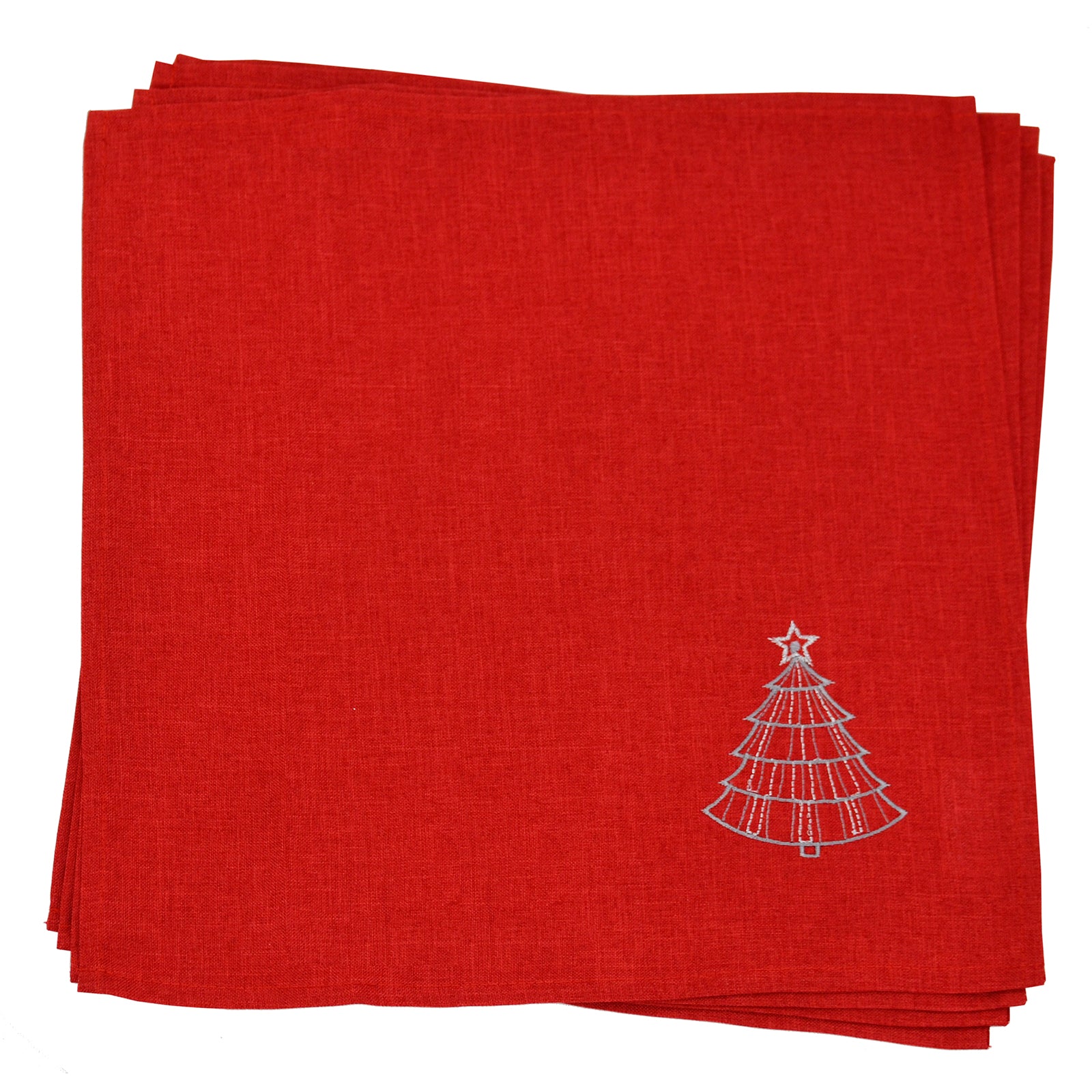 Mr Crimbo Red Christmas Tablecloth Napkins Silver Tree Stars - MrCrimbo.co.uk -XS6571 - 4pk Napkins -christmas napkins